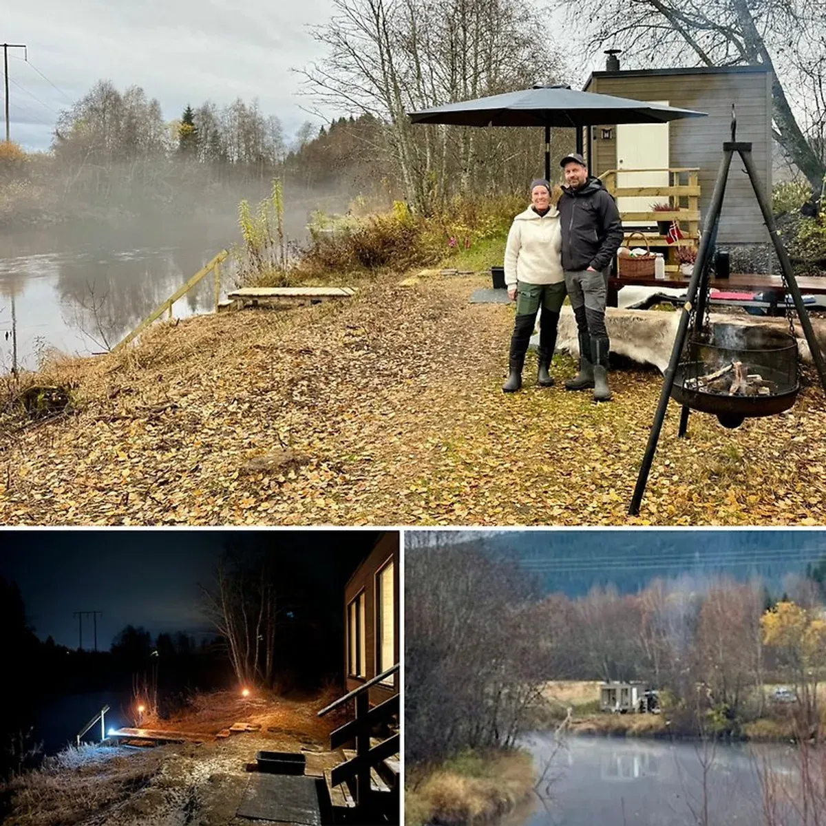 A wooden barrel sauna beside a Norwegian lake surrounded by birch trees