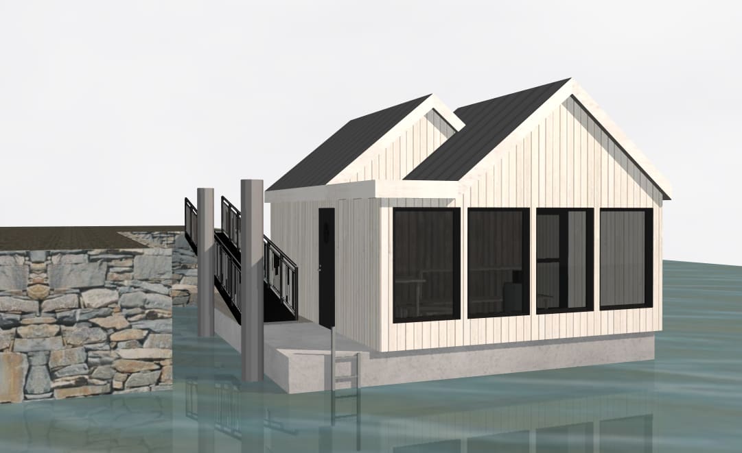 Waterfront sauna building on the sea in Kristiansund with a pier and stone quay beside it